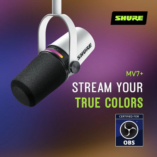 Shure MV7+ Podcast Dynamic Microphone. OBS Certified, Enhanced Audio, LED Touch Panel, USB-C & XLR Outputs, Auto Level Mode, Digital Pop Filter, Reverb Effects, Podcasting, Streaming, Recording -White