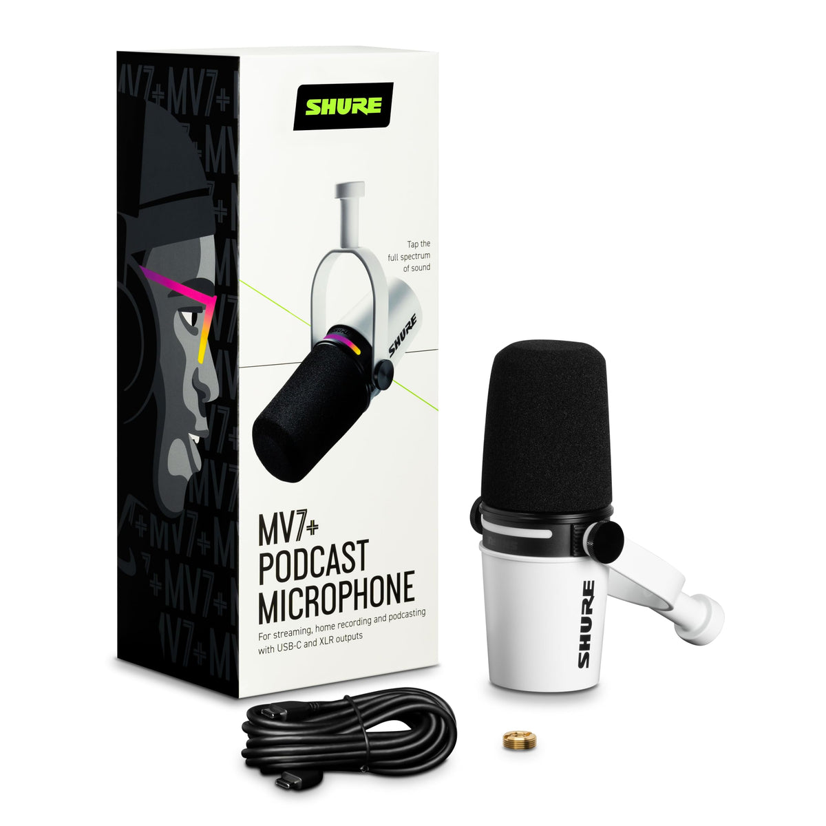 Shure MV7+ Podcast Dynamic Microphone. OBS Certified, Enhanced Audio, LED Touch Panel, USB-C & XLR Outputs, Auto Level Mode, Digital Pop Filter, Reverb Effects, Podcasting, Streaming, Recording -White