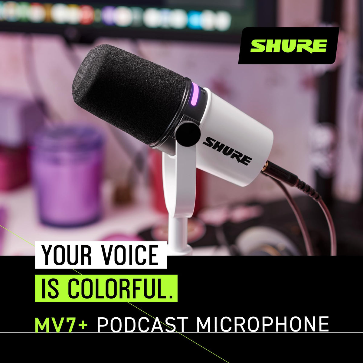 Shure MV7+ Podcast Dynamic Microphone. OBS Certified, Enhanced Audio, LED Touch Panel, USB-C & XLR Outputs, Auto Level Mode, Digital Pop Filter, Reverb Effects, Podcasting, Streaming, Recording -White