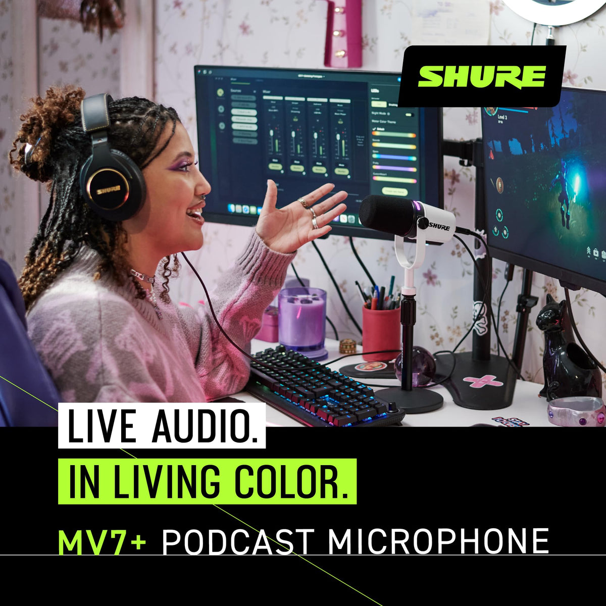 Shure MV7+ Podcast Dynamic Microphone. OBS Certified, Enhanced Audio, LED Touch Panel, USB-C & XLR Outputs, Auto Level Mode, Digital Pop Filter, Reverb Effects, Podcasting, Streaming, Recording -White