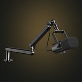 FIFINE BM88 low-profile microphone boom arm shown on a charcoal and muted-gold background. Microphone shown for illustration.