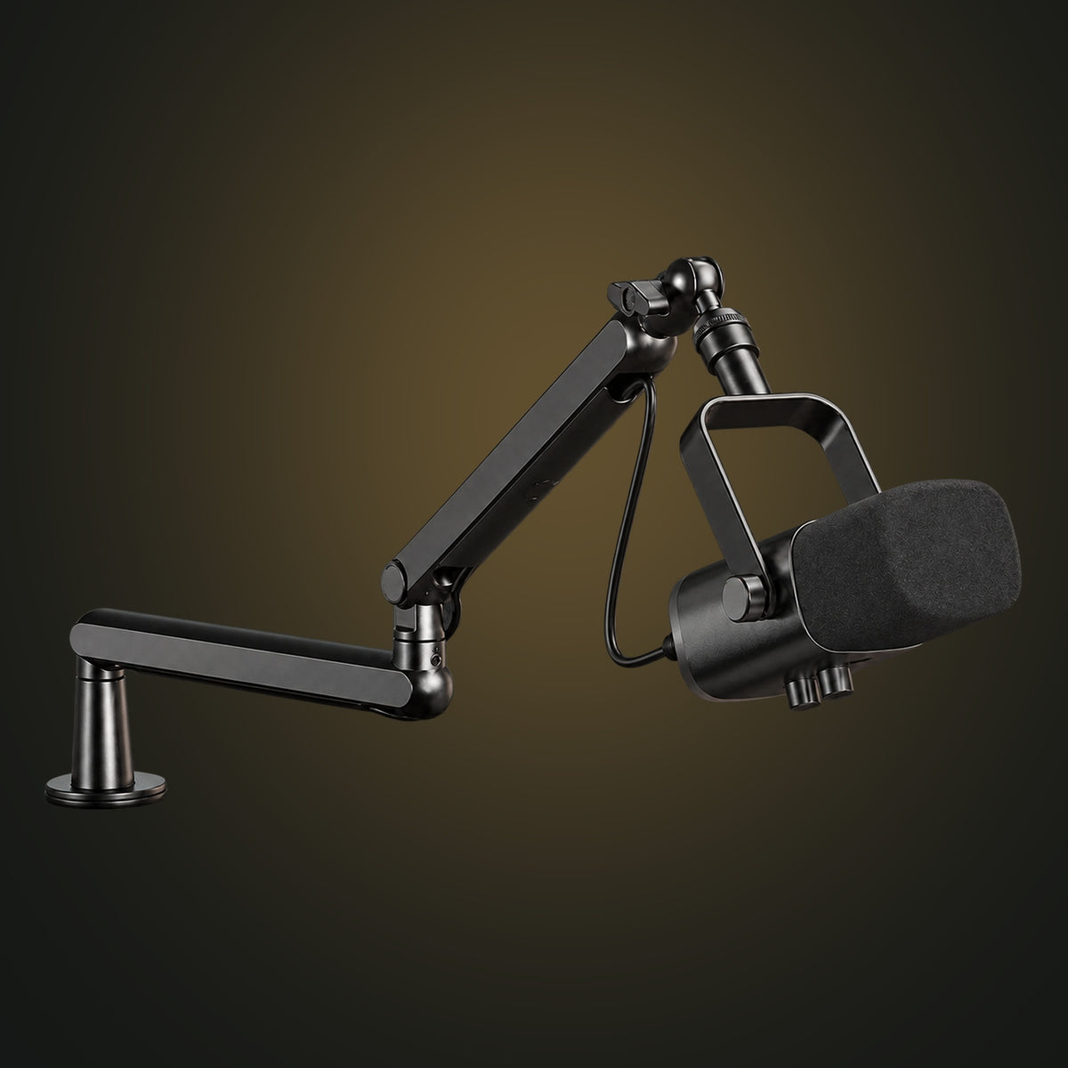 FIFINE BM88 low-profile microphone boom arm shown on a charcoal and muted-gold background. Microphone shown for illustration.