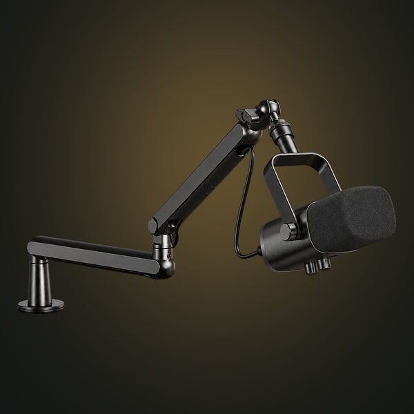 FIFINE BM88 low-profile microphone boom arm shown on a charcoal and muted-gold background. Microphone shown for illustration.